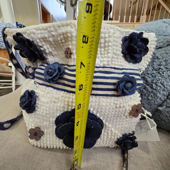 FLR PWR Upcycled Antique Hobnail textured Bedspread bag coin Small blue white - Picture 15 of 17